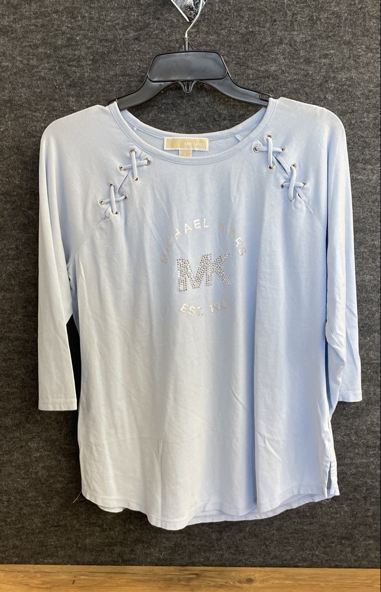 Michael Kors Women's Light Blue Rhinestone Logo Lace Up Shoulder Top Sz L