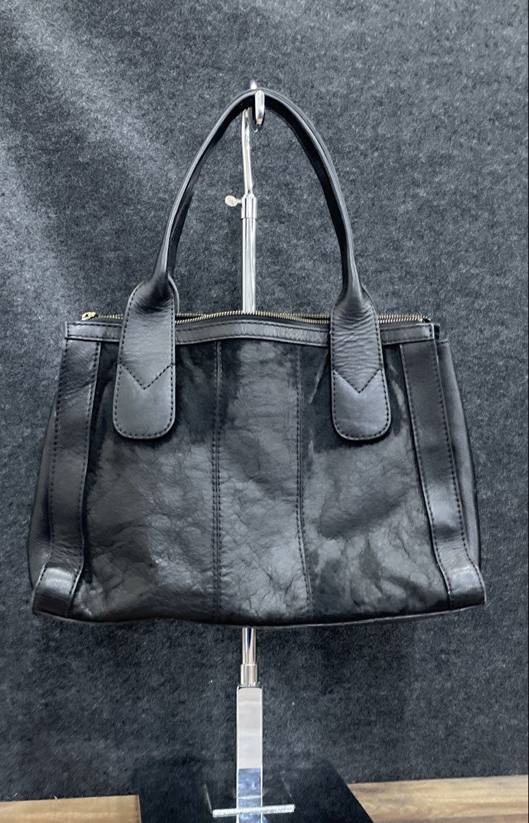 Fossil Black Leather Calf Hair Satchel Purse Gold Hardware Keyhole Plaque