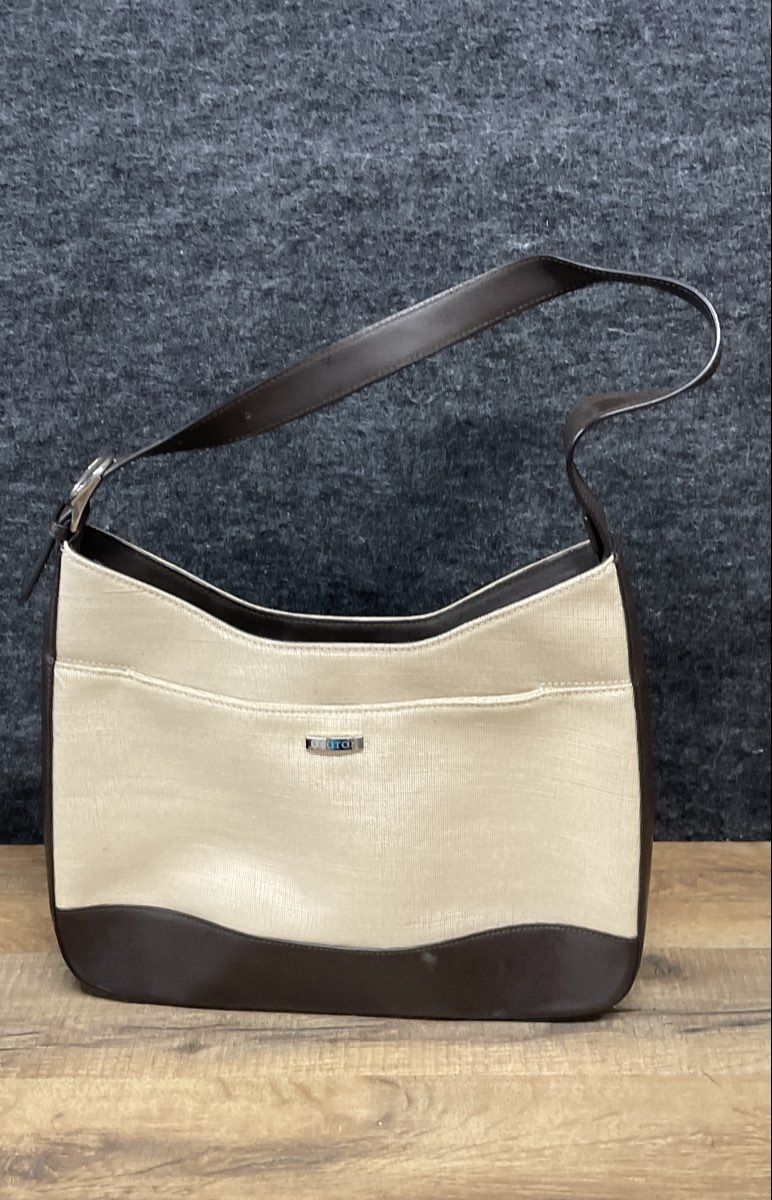 Vintage Oroton Beige Brown Leather Canvas Shoulder Bag Silver Hardware