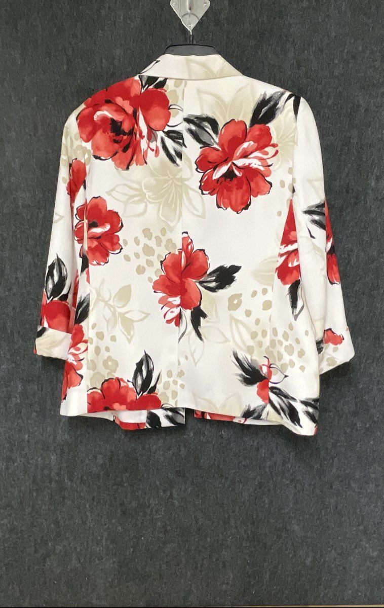 Alfred Dunner Women's Blazer Jacket White Red Floral Leopard Open Front Sz 14