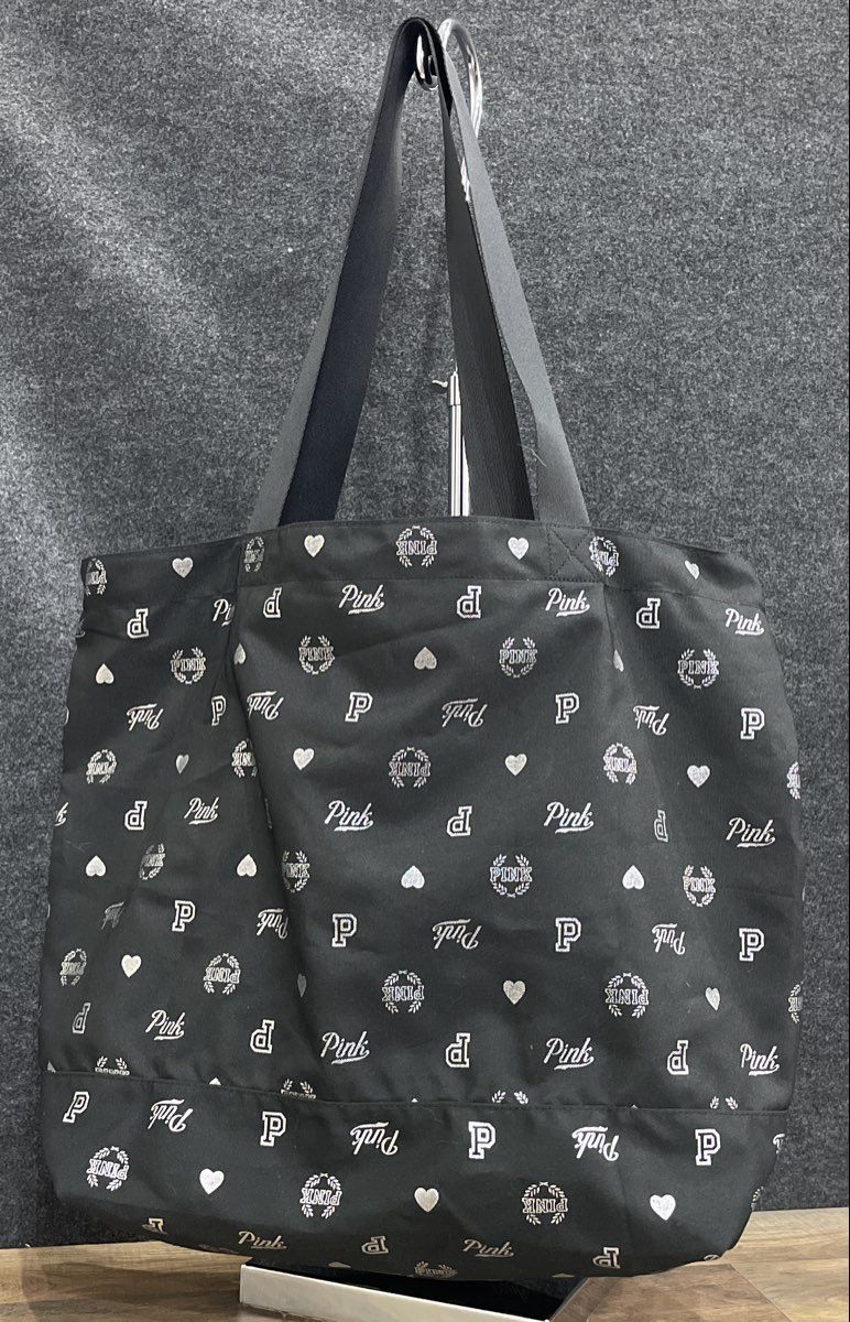 Victoria's Secret PINK Black Silver Logo Heart Print Fabric Tote Bag Large