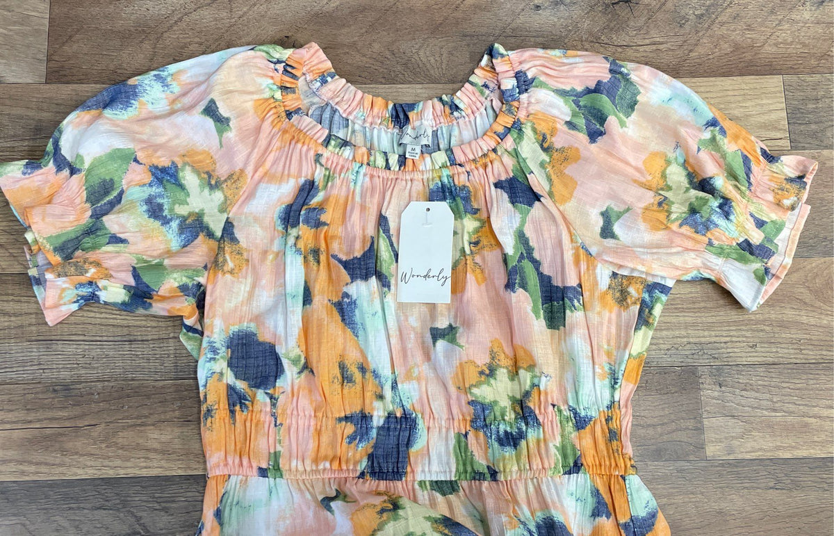 Wonderly Women's Navy Blur Floral Midi Dress Puff Sleeve Tiered NWT Sz M