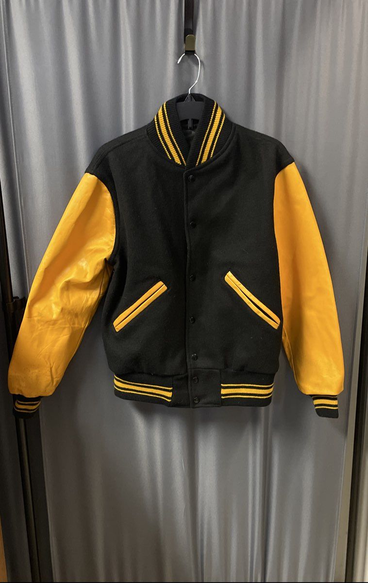 Vintage Kaye Bros Black Wool Yellow Leather Varsity Letterman Jacket Sz 36 38