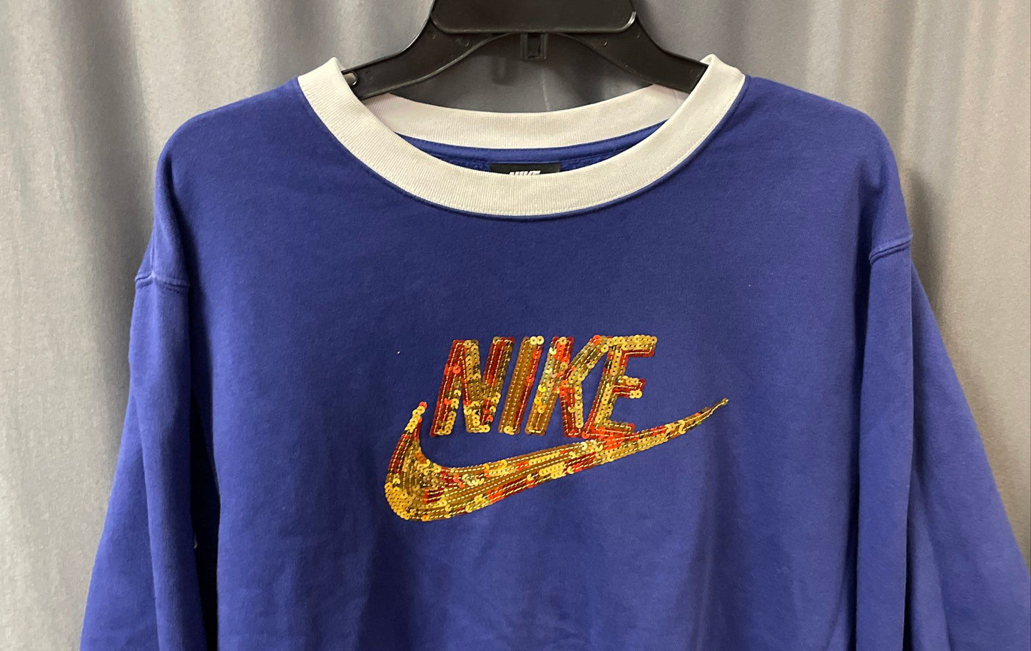 Nike Women's Royal Blue Sequin Logo Crew Neck Sweatshirt White Trim Sz L