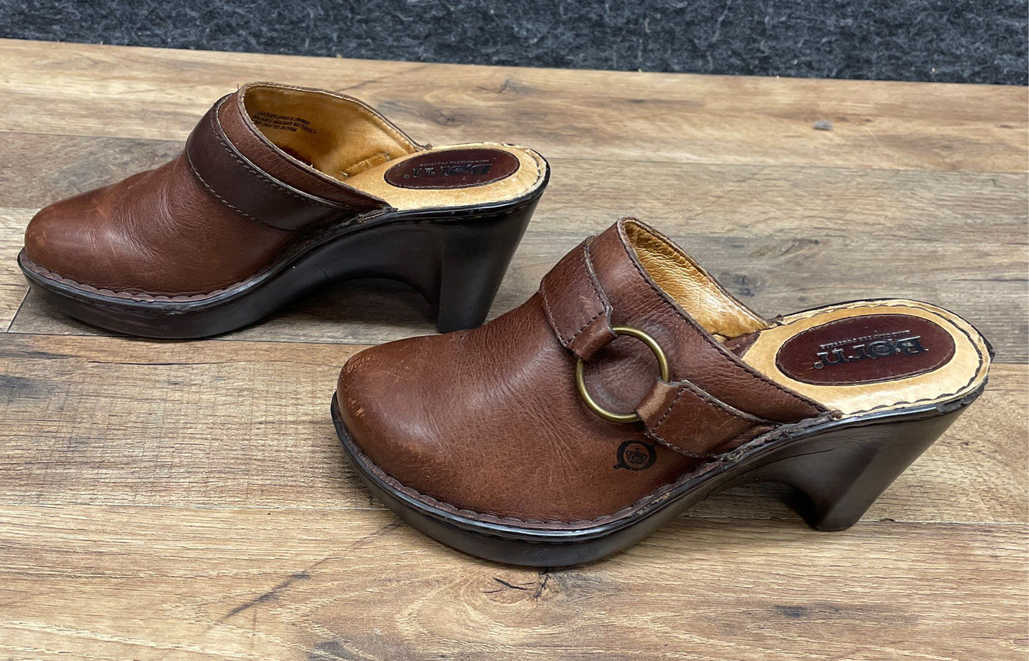 Born Brown Leather Buckle Strap Heeled Clogs Mules Women's Size 8.5