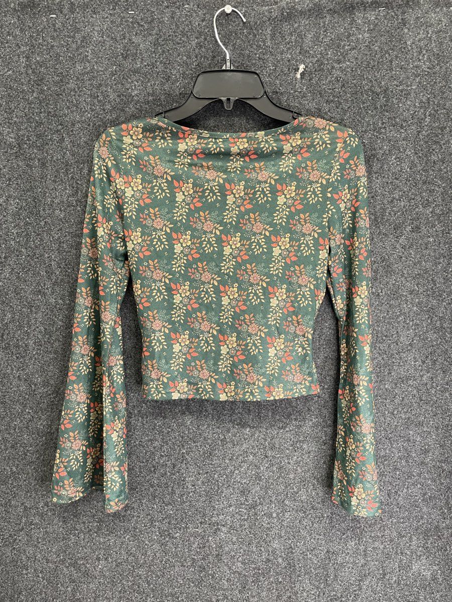 Cider Women's Top Green Floral Print Twist Front Ribbed Long Sleeve Sz S NWT