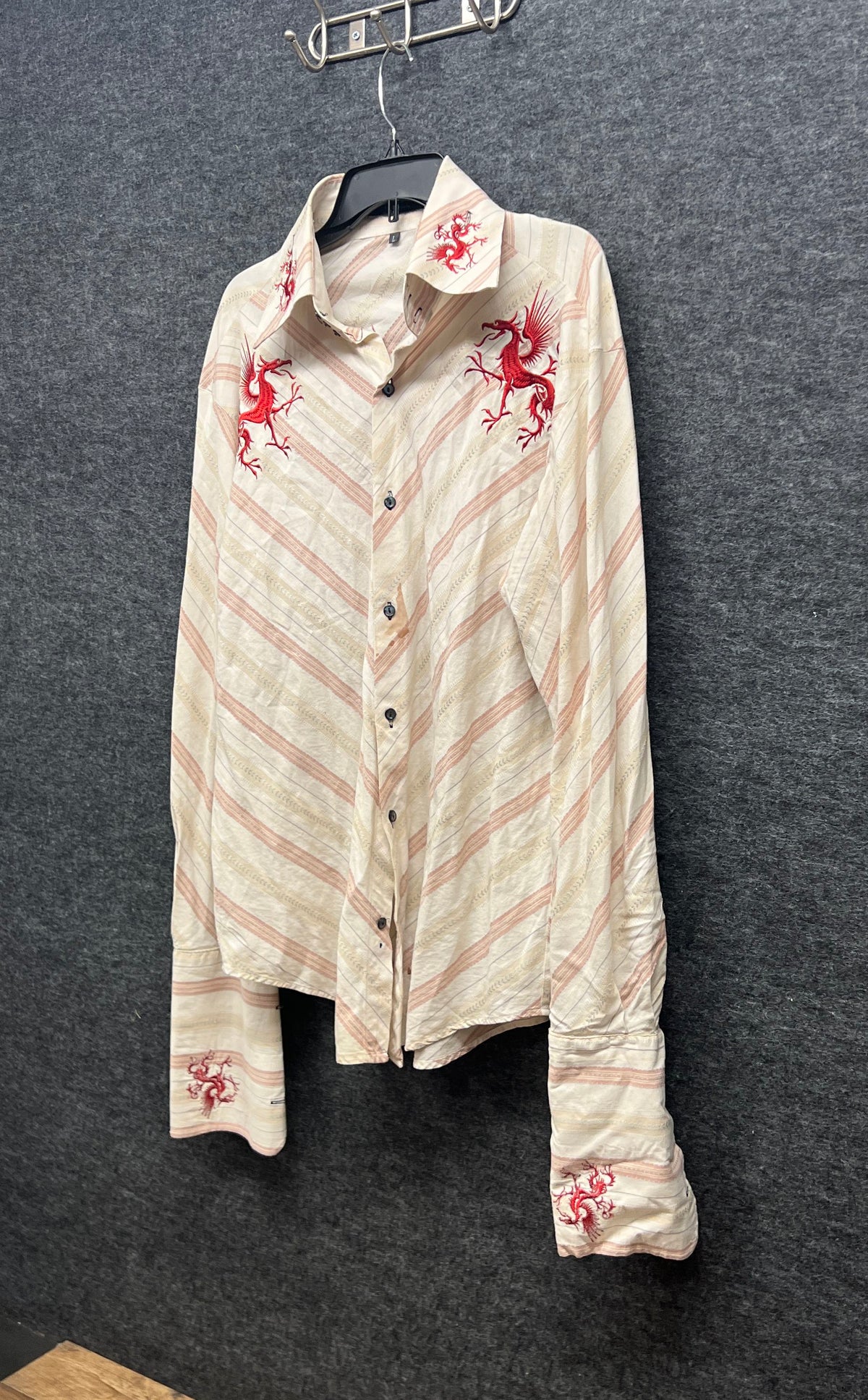 Vintage Dante Gianni Men's Red Dragon Embroidered Striped Shirt Sz L