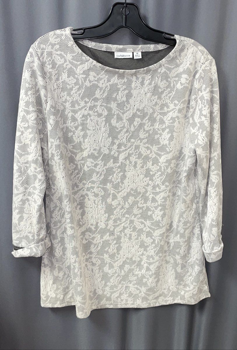 Croft & Barrow Women's Grey Floral Lace Overlay Long Sleeve Top Sz M