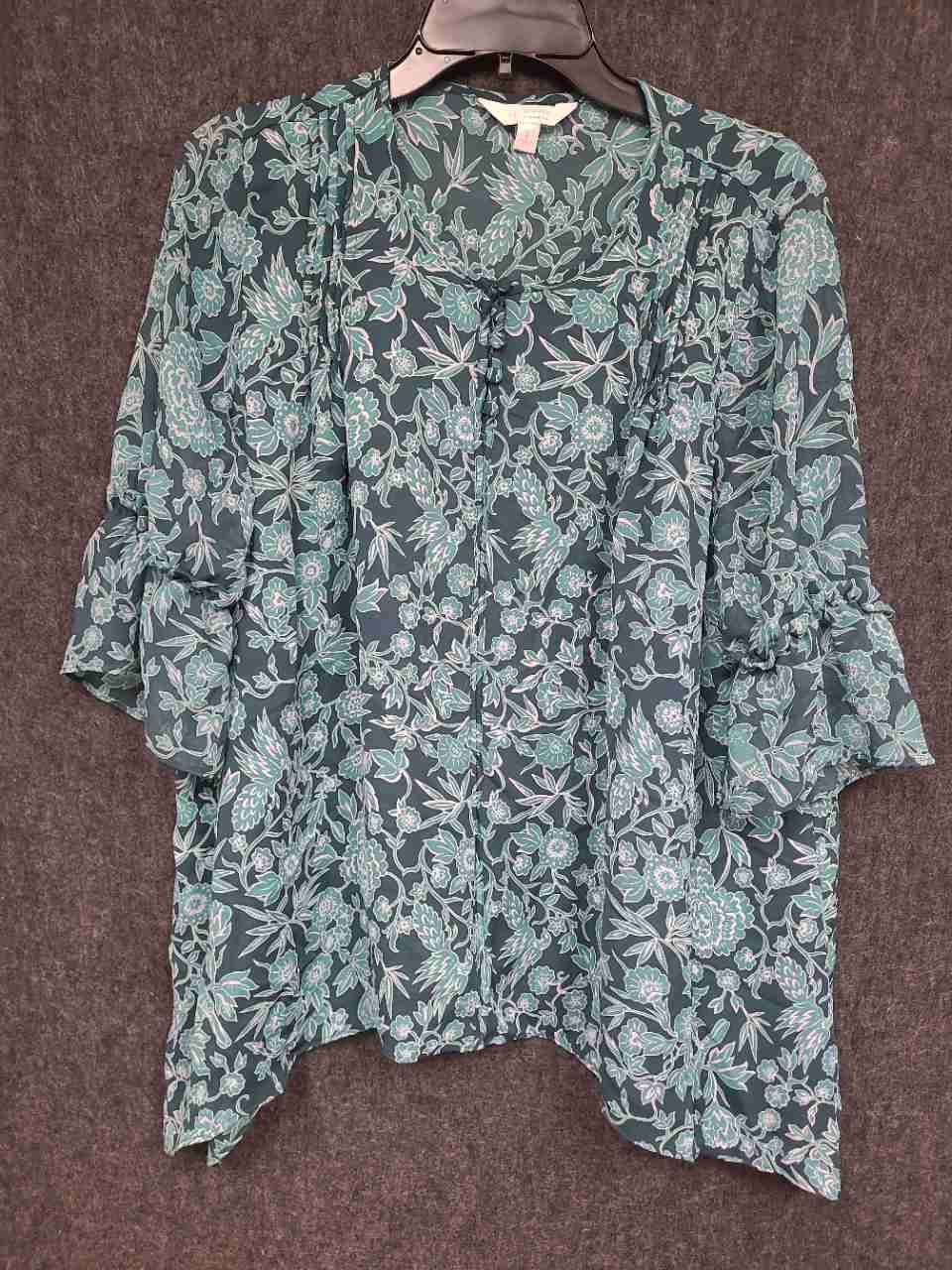 LC Lauren Conrad Women's Teal Green Floral Bird Print Ruffle Sleeve Blouse Sz L