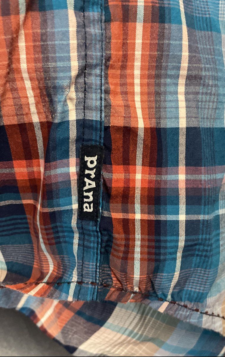 Prana Men's Blue Orange Plaid Short Sleeve Button Down Cotton Shirt Sz Medium