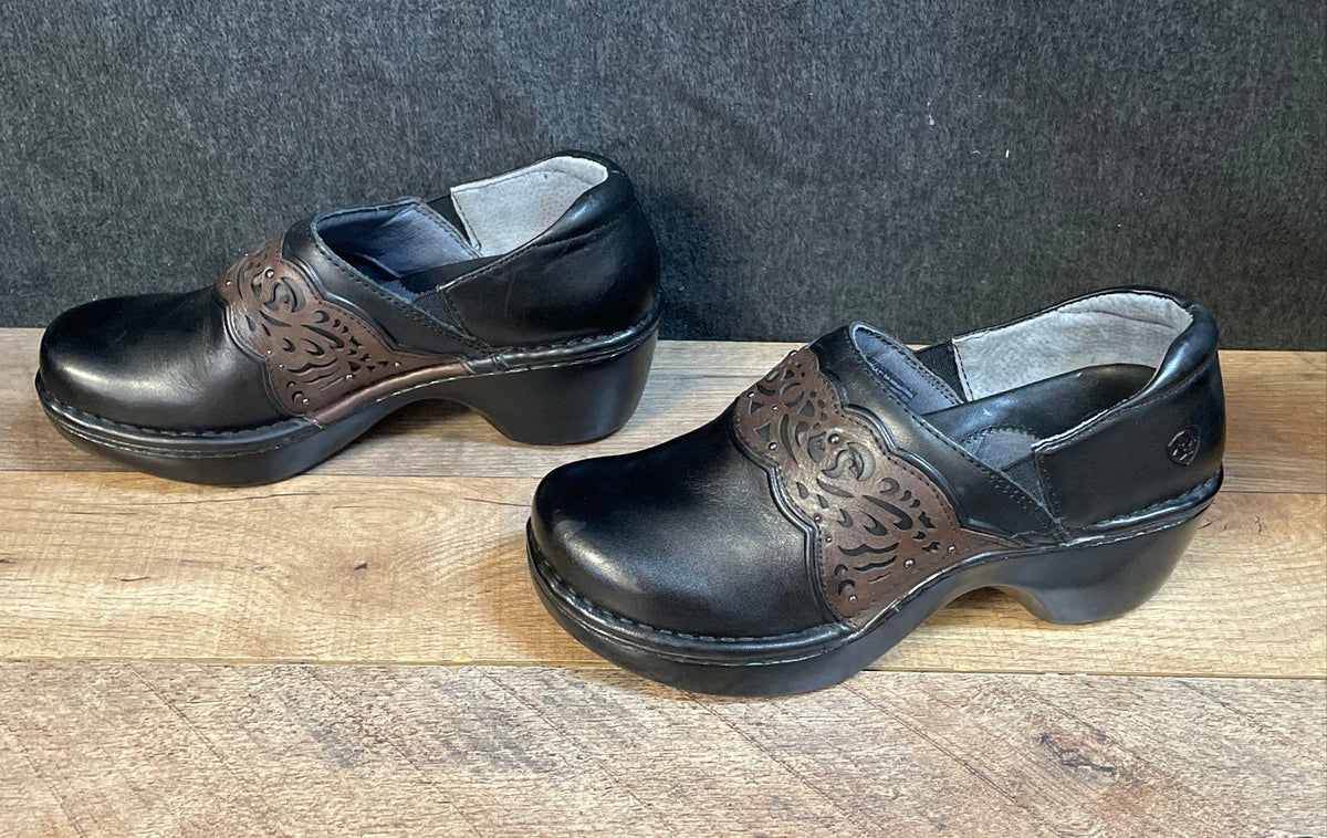 Ariat Black Brown Leather Laser Cut Floral Slip-On Clogs Women's Size 7B