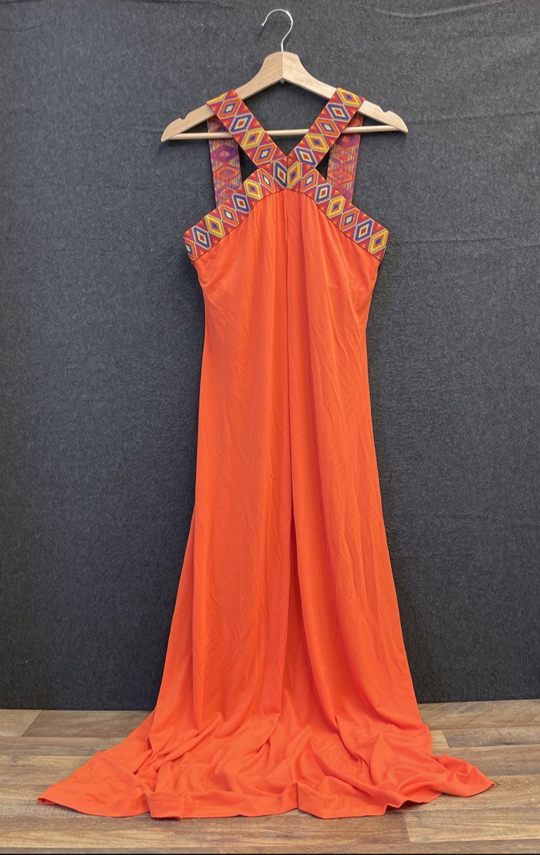 New York & Company Women's Orange Maxi Dress Geometric Patterned Neckline Sz M