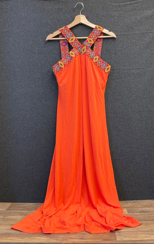 New York & Company Women's Orange Maxi Dress Geometric Patterned Neckline Sz M