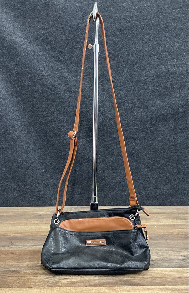 Rosetti Black Pebbled Faux Leather Crossbody Bag Brown Trim Adjustable Strap
