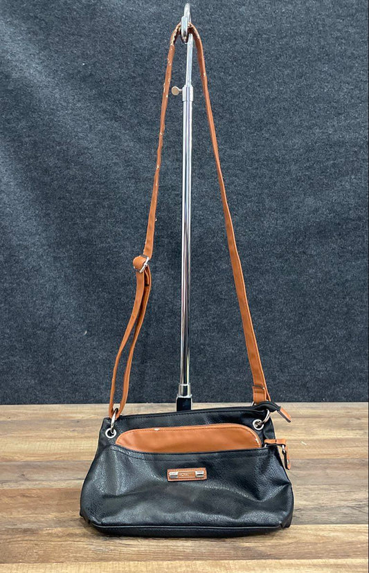Rosetti Black Pebbled Faux Leather Crossbody Bag Brown Trim Adjustable Strap