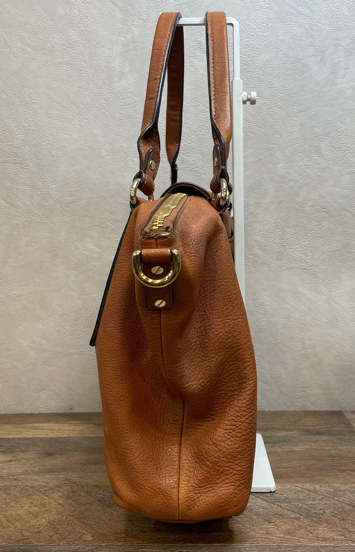 Michael Kors Brown Pebbled Leather Hamilton Lock Satchel Bag Gold Tone