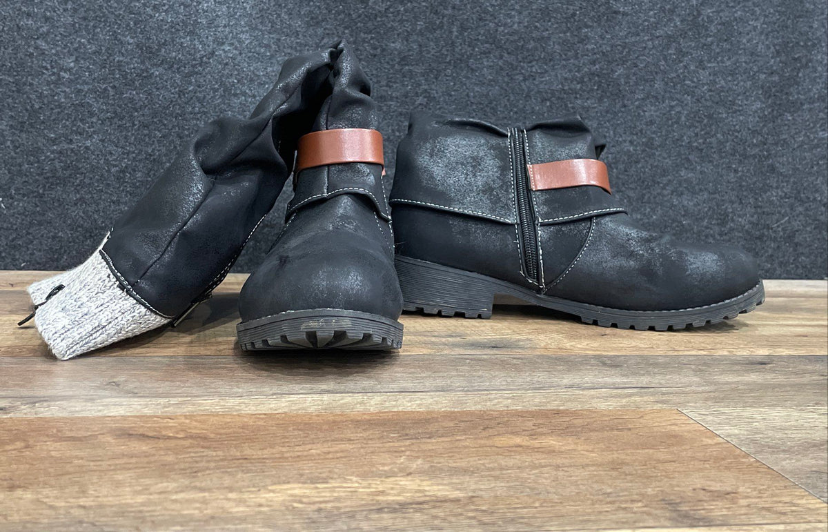 Black Distressed Faux Leather Knit Cuff Slouch Buckle Boots Size 39