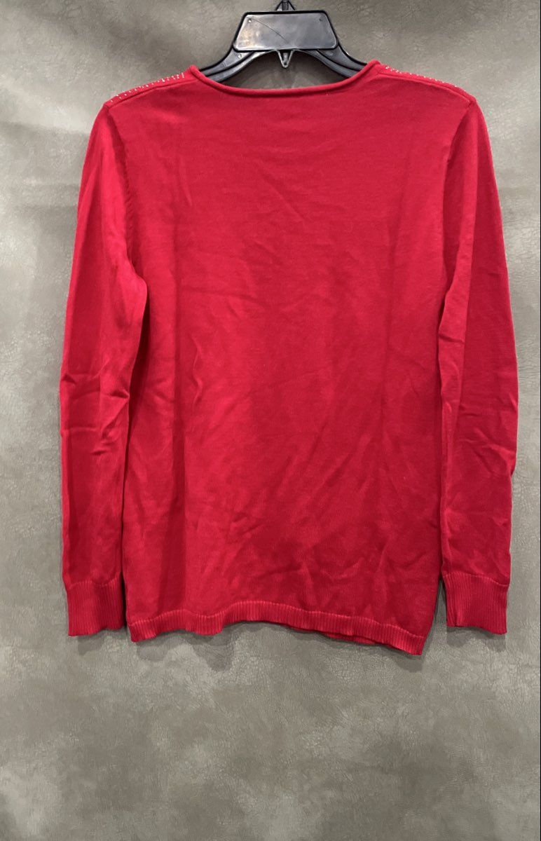Calvin Klein Women's Red Studded Beaded Neckline Cotton Modal Sweater Sz S