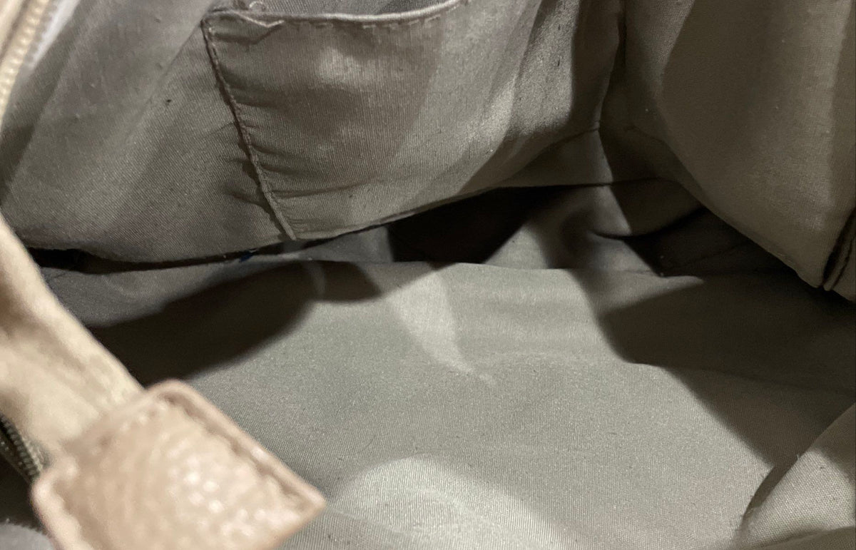 Taupe Grey Pebbled Leather Tote Shoulder Bag Braided Handles Silver Hardware