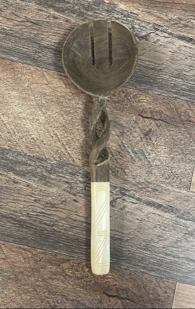 Vintage Hand Carved Wood & Bone Handle Twisted Slotted Salad Spoon Folk Art