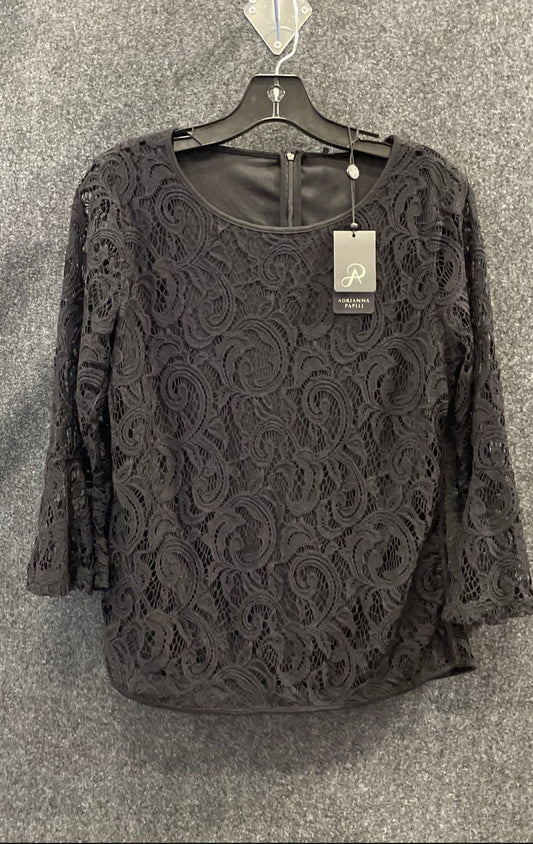 Adrianna Papell Women's Black 3/4 Bell Sleeve Lace Top Sz M NWT