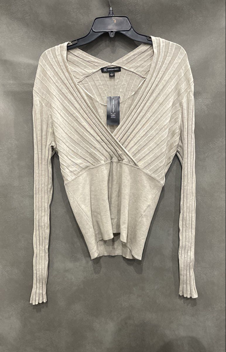 INC International Concepts Women's Off White Surplice Ribbed Knit Top Sz L NWT