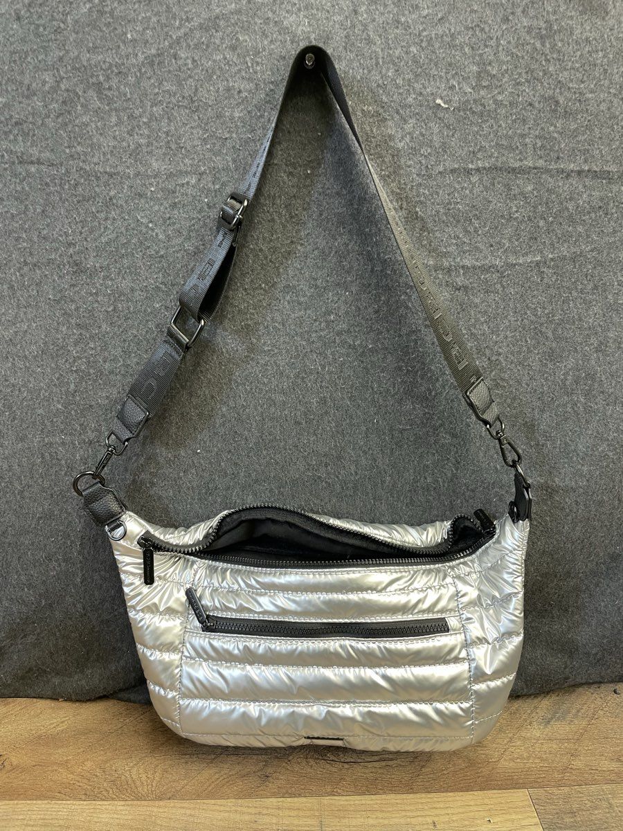 BCBGeneration Silver Metallic Quilted Puffer Crossbody Belt Bag Fanny Pack