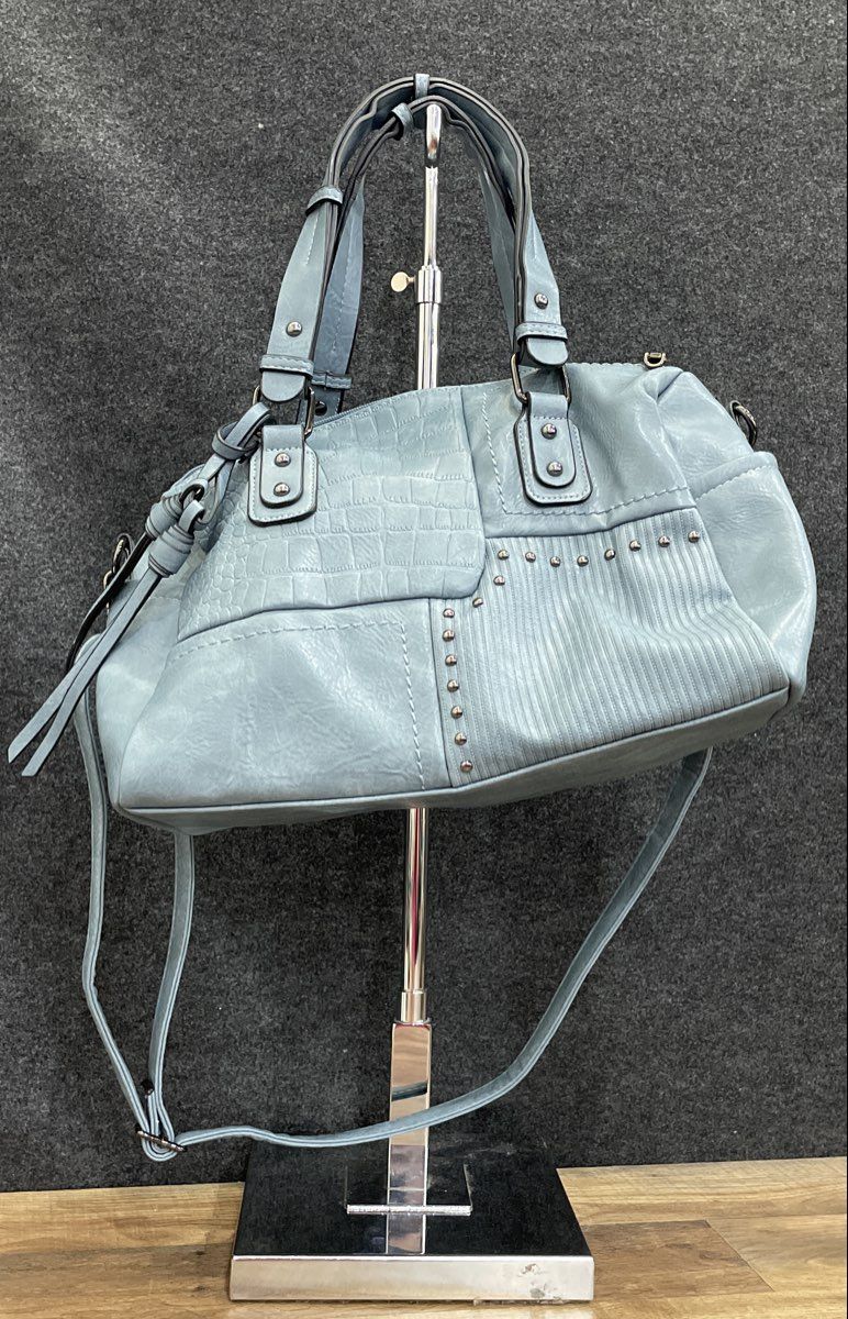 Dasein Blue Leather Studded Patchwork Satchel Crossbody Handbag Gunmetal