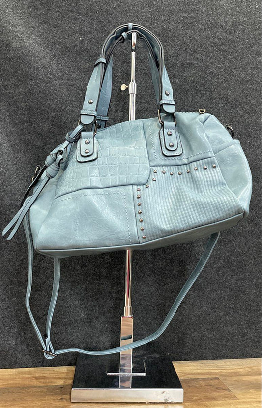 Dasein Blue Leather Studded Patchwork Satchel Crossbody Handbag Gunmetal