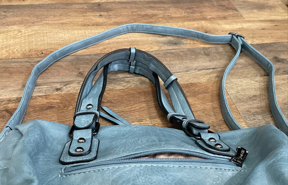 Dasein Blue Leather Studded Patchwork Satchel Crossbody Handbag Gunmetal