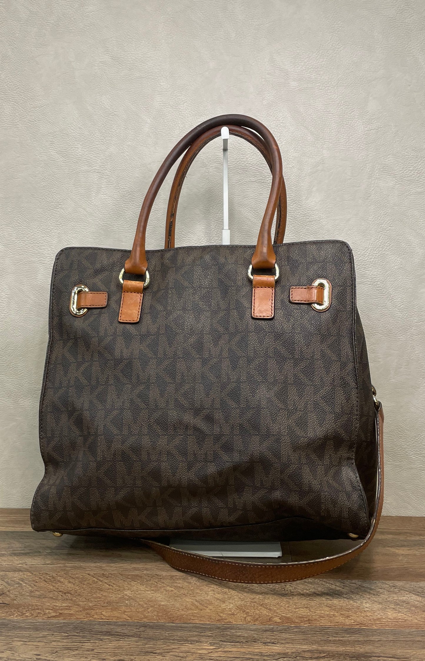 Michael Kors Brown Monogram Signature Canvas Satchel Handbag Gold Hardware
