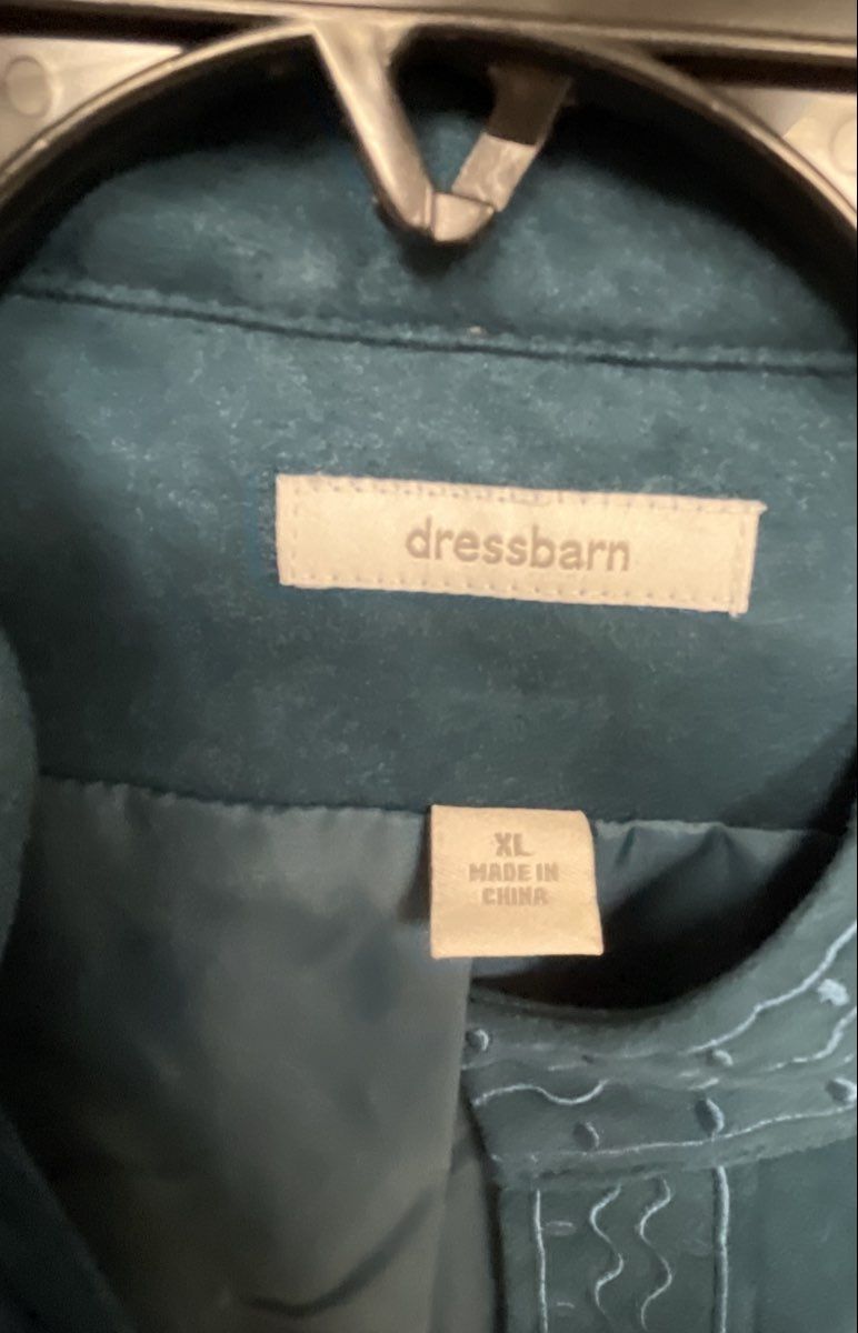 Dressbarn Women's Teal Faux Suede Embroidered Open Front Mock Neck Jacket XL