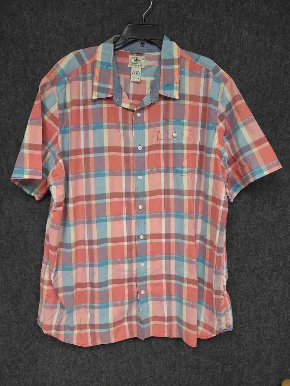 L.L.Bean Men's Pink Blue Plaid Short Sleeve Slightly Fitted Shirt Sz XXL-Tall