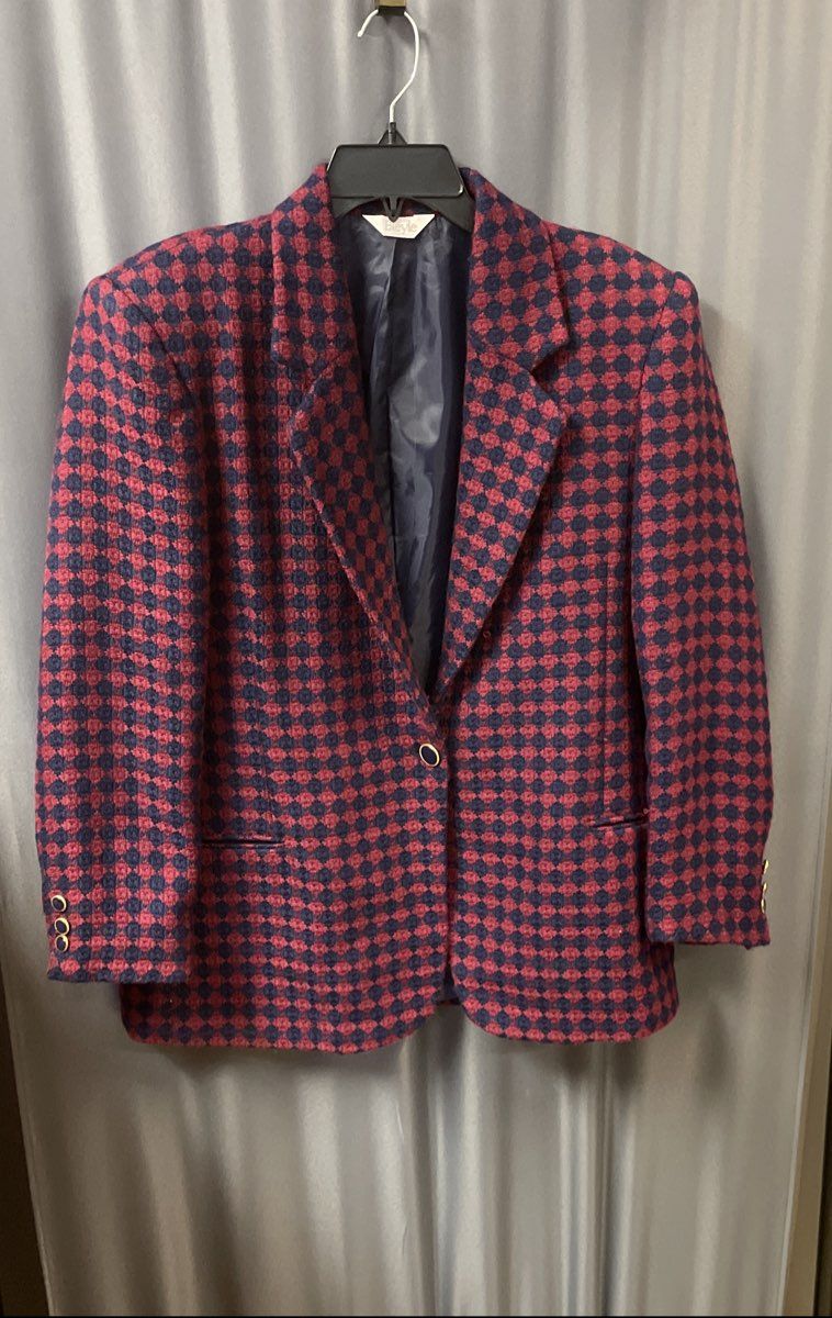 Vintage 90s Bleyle Women's Red Blue Wool Diamond Pattern Blazer Sz 14