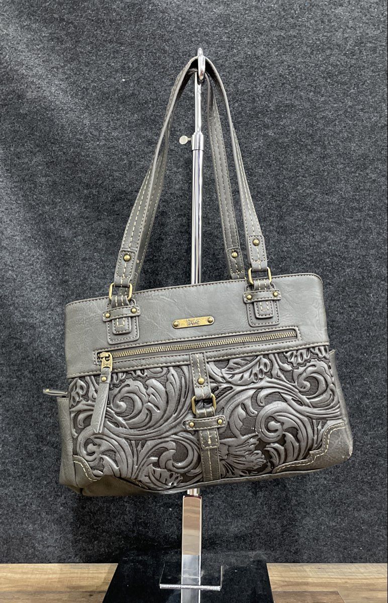 b.o.c. Born Concept Grey Tooled Floral Embossed Leather Shoulder Bag Purse