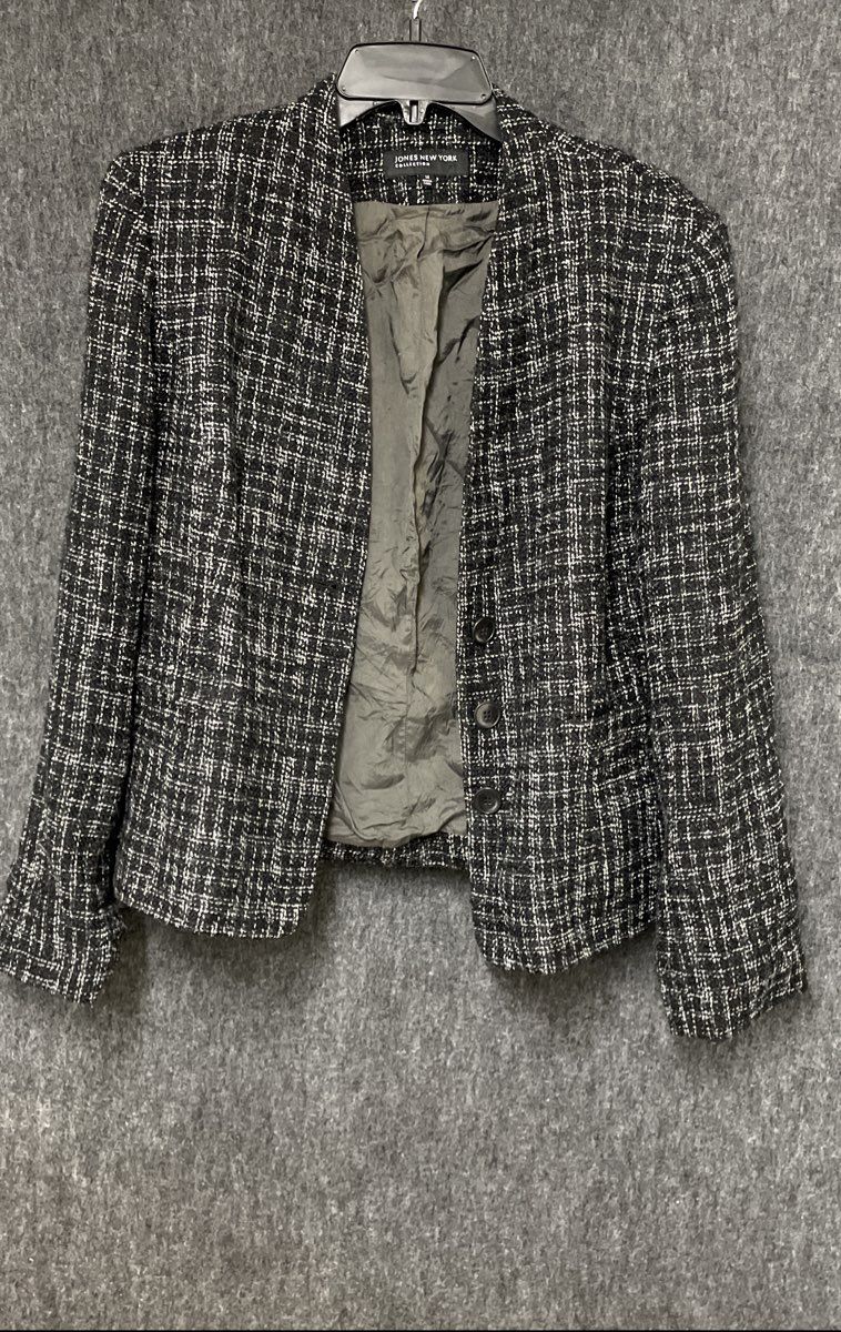 Jones New York Women's Black White Tweed Button Front Blazer Jacket Sz 14