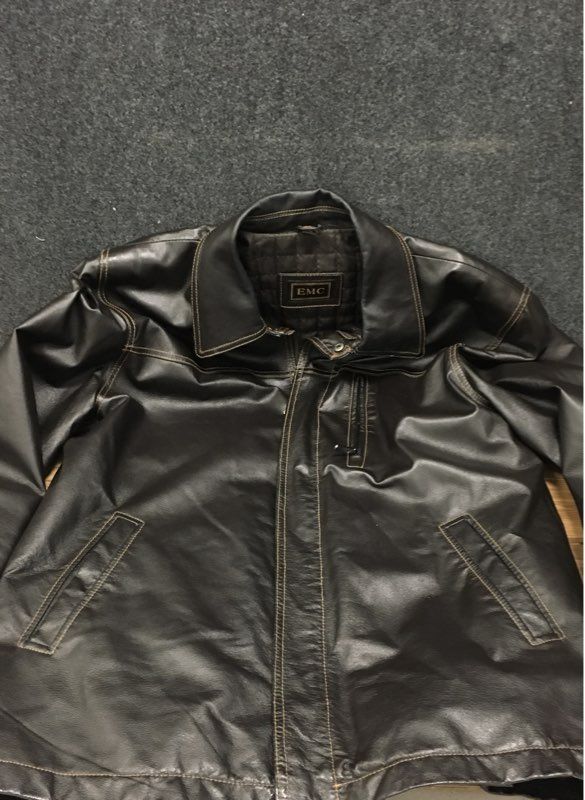 EMC Men's Dark Brown Leather Jacket Quilted Lined Contrast Stitch Car Coat Sz L