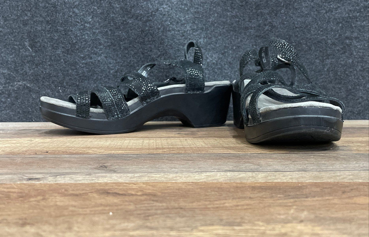 Dansko Black Sparkle Textured Strappy Wedge Sandals Women's Size 42