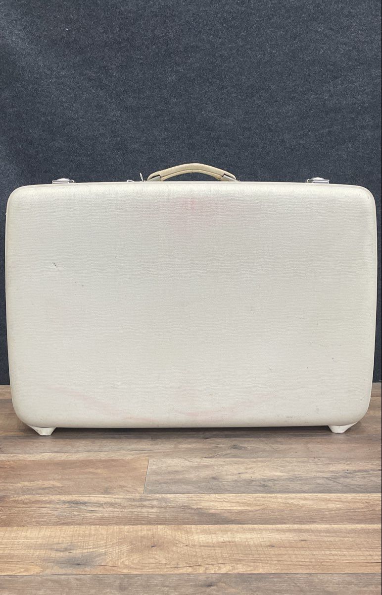 Vintage American Tourister White Hard Shell Suitcase Red Quilted Interior