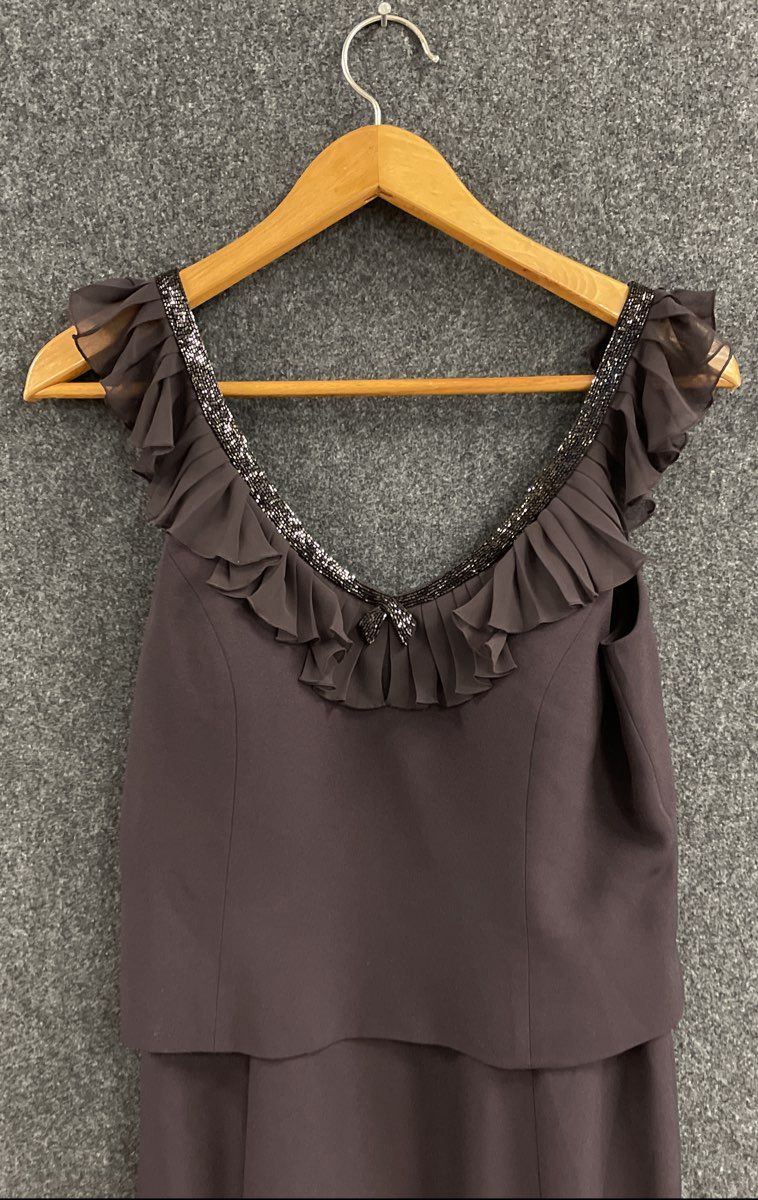Daymor Women's Brown Beaded Ruffle Jacket & Dress Evening Set NWT Sz 12