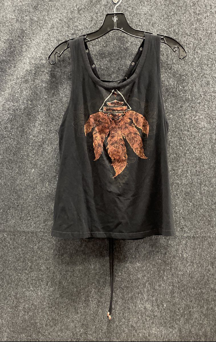 Harley-Davidson Women's Black Tank Top Lace-Up Back Feather Graphic Sz XL