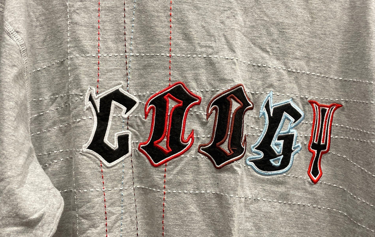 Vintage 90s Coogi Gothic Logo Long Sleeve Graphic T-Shirt Grey Sz L