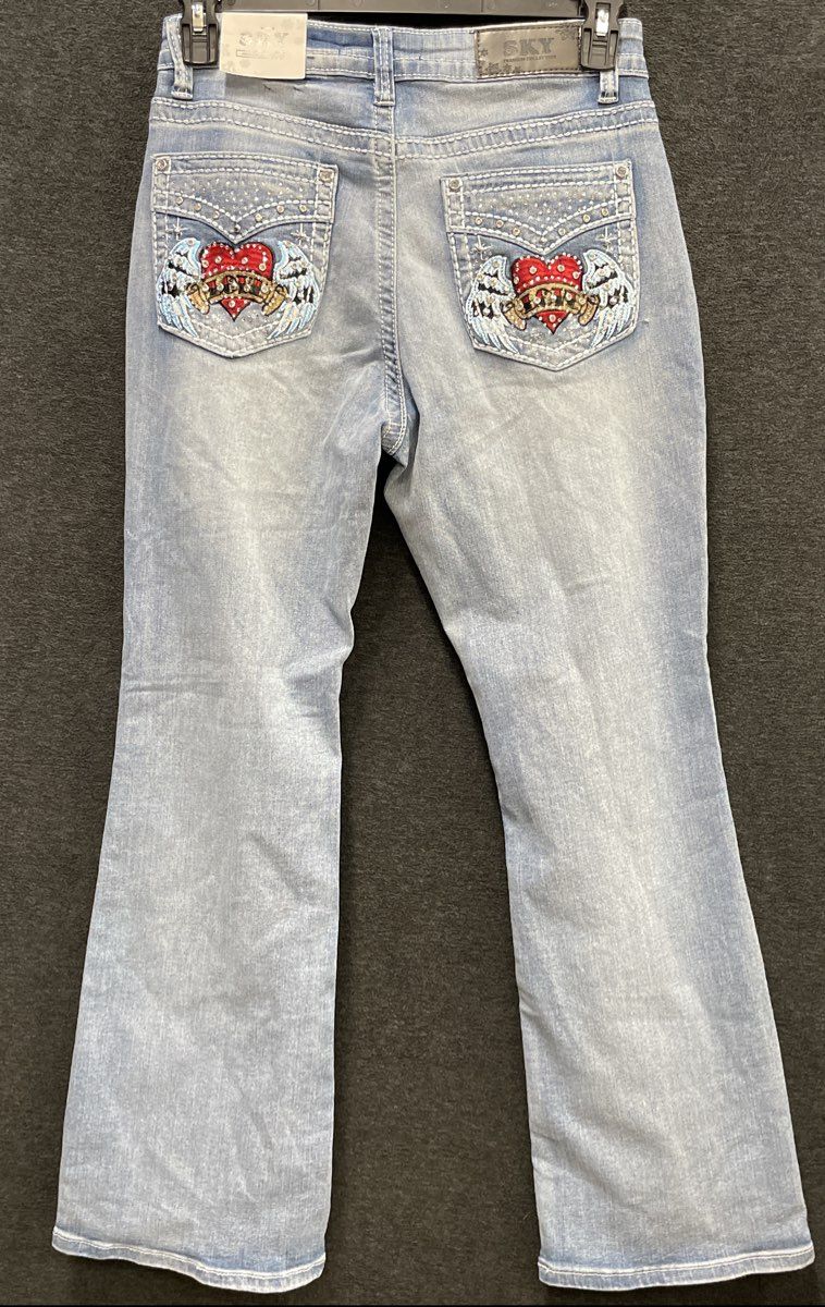 Sky Women's Super Soft Light Wash Bootcut Heart Wing Rhinestone Jeans 11/12 NWT