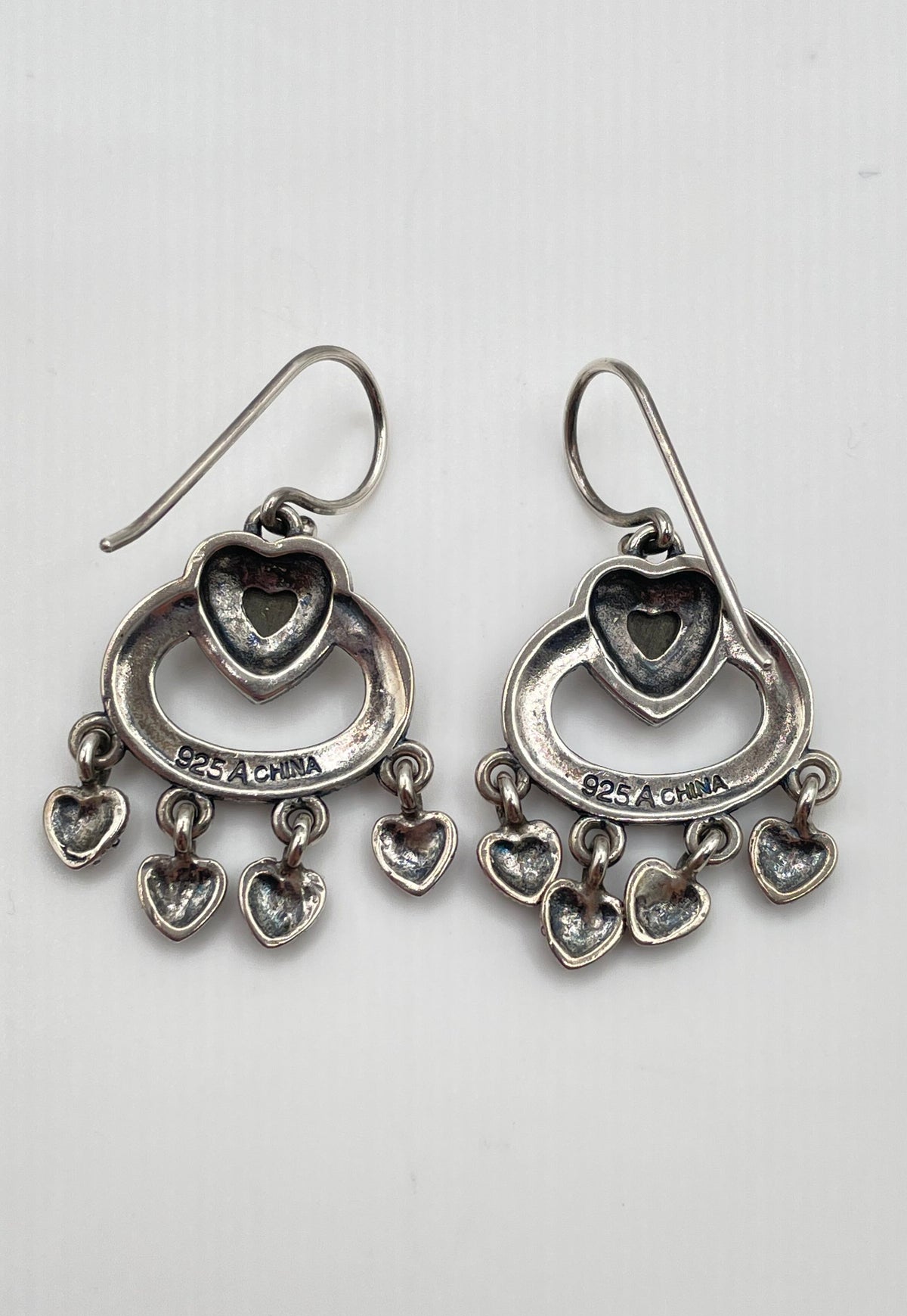 925 Sterling Silver Marcasite Heart Chandelier Dangle Earrings 6.5g
