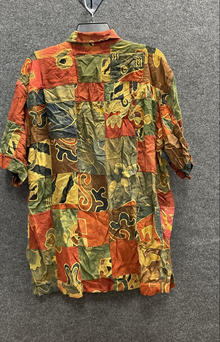 Vintage 90s The Territory Ahead Men's Rayon Patchwork Batik Shirt Sz XL