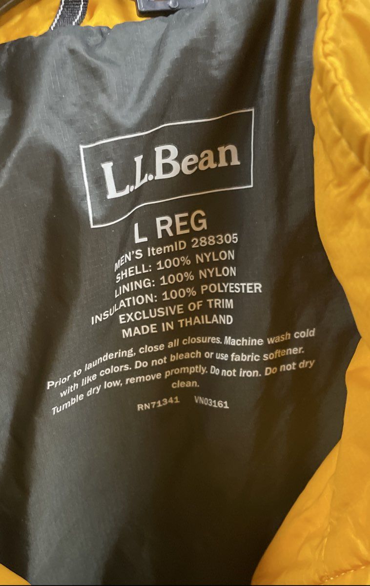 L.L. Bean Men's PrimaLoft Packaway Puffer Vest Yellow Insulated Full Zip Sz L