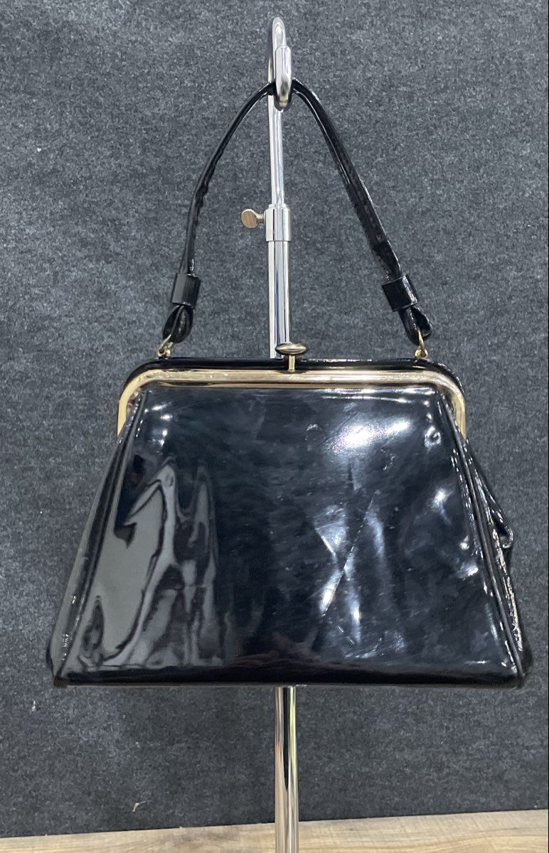 Vintage 1960s Black Patent Top Handle Frame Bag Gold Hardware