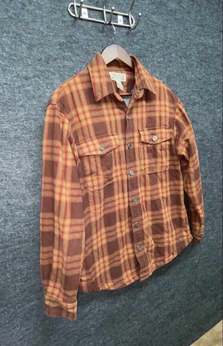 Duluth Trading Co. Men's Orange Plaid Fleece Lined Flannel Snap Shacket Jacket