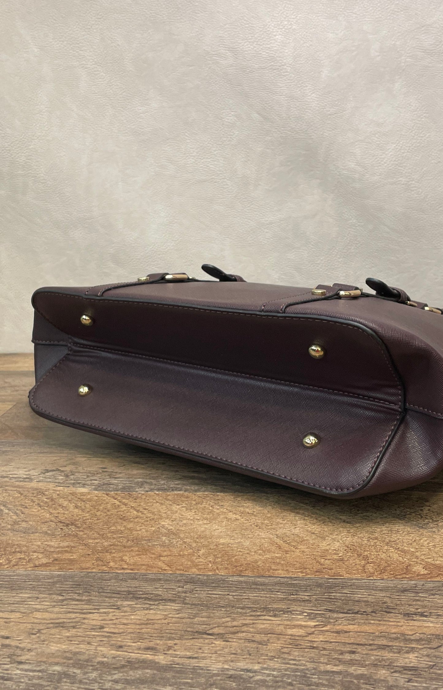 Montana West Burgundy Saffiano Faux Leather Buckle Tote Bag Gold Hardware