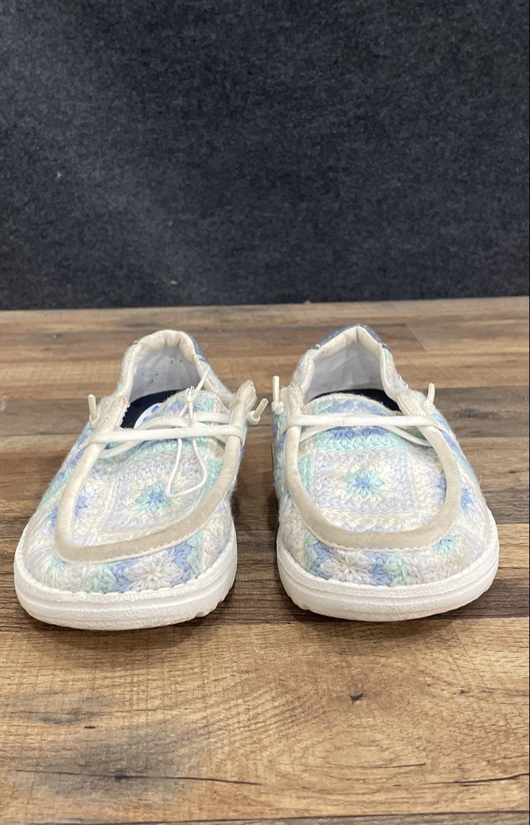 Hey Dude Wendy Y Cottage Crochet Bay Blue Multi Youth Slip On Shoes Size J2